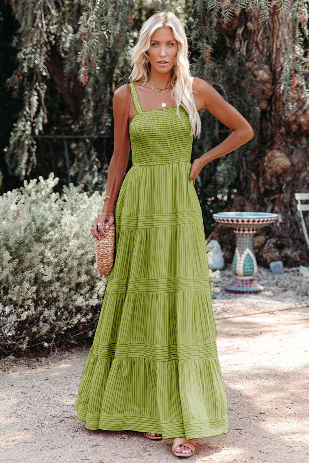 Maia | Sukienka Maxi Cami z Fasonem w Paski i Bez Pleców