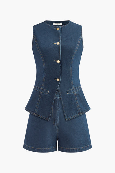 Noa | Denim Peplum Kamizelka z Szortami
