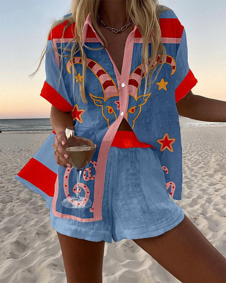 Jorelle™ | Lniany krótki komplet z nadrukiem kozy