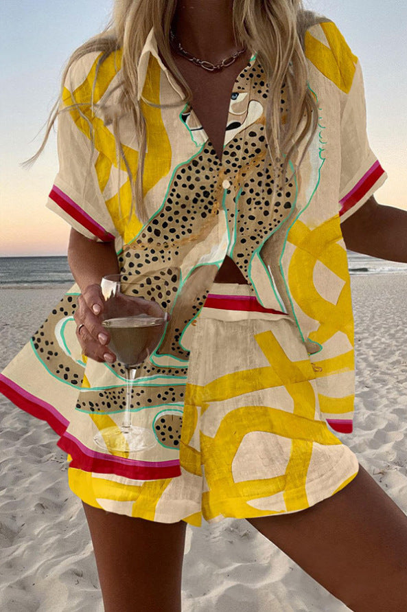 Casima™ | Lniany krótki zestaw z nadrukiem geparda