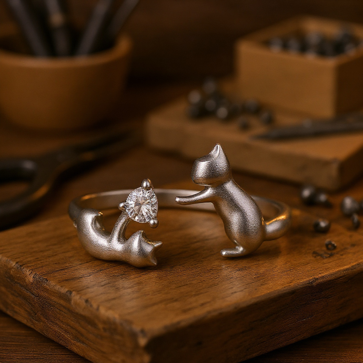 Playful Sterling Silver Cat Adjustable Ring with Zirconia