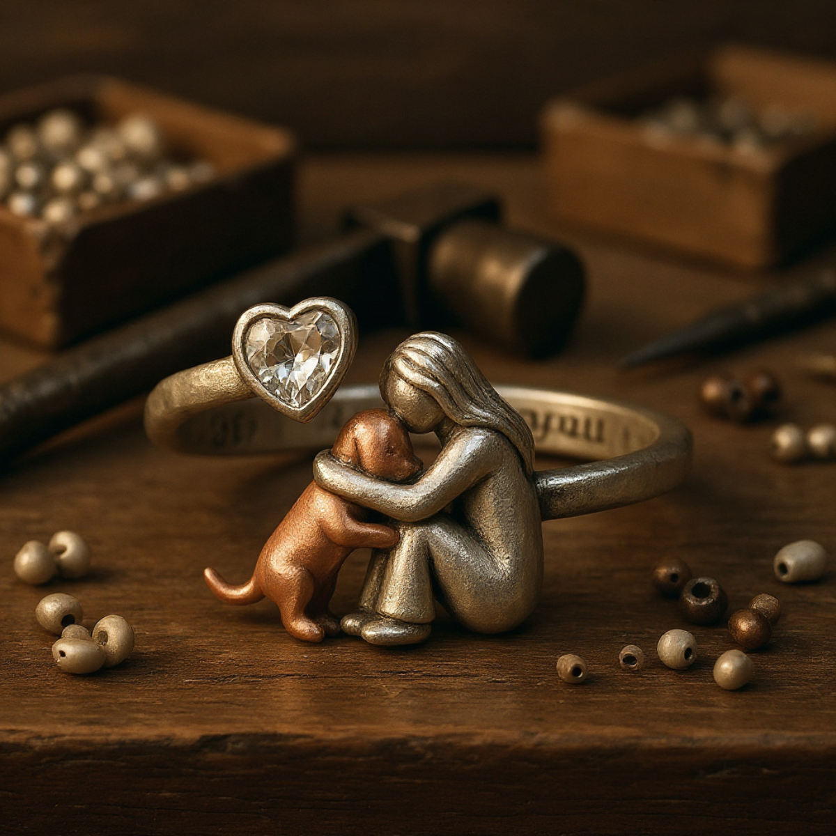 Handcrafted 925 Sterling Silver Dog Ring with Heart-Shaped Zirconia – Adjustable Fit