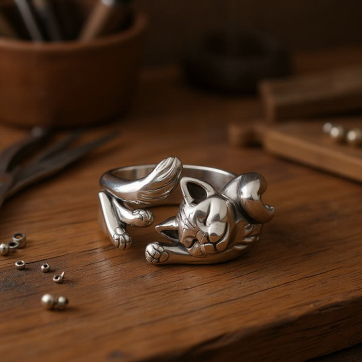 Silver Vintage Cat Ring
