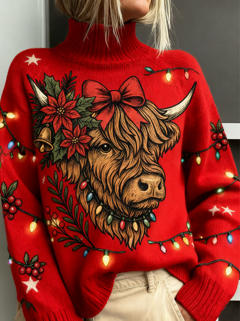 Nora - Christmas Sweater with Highland Cattle Print