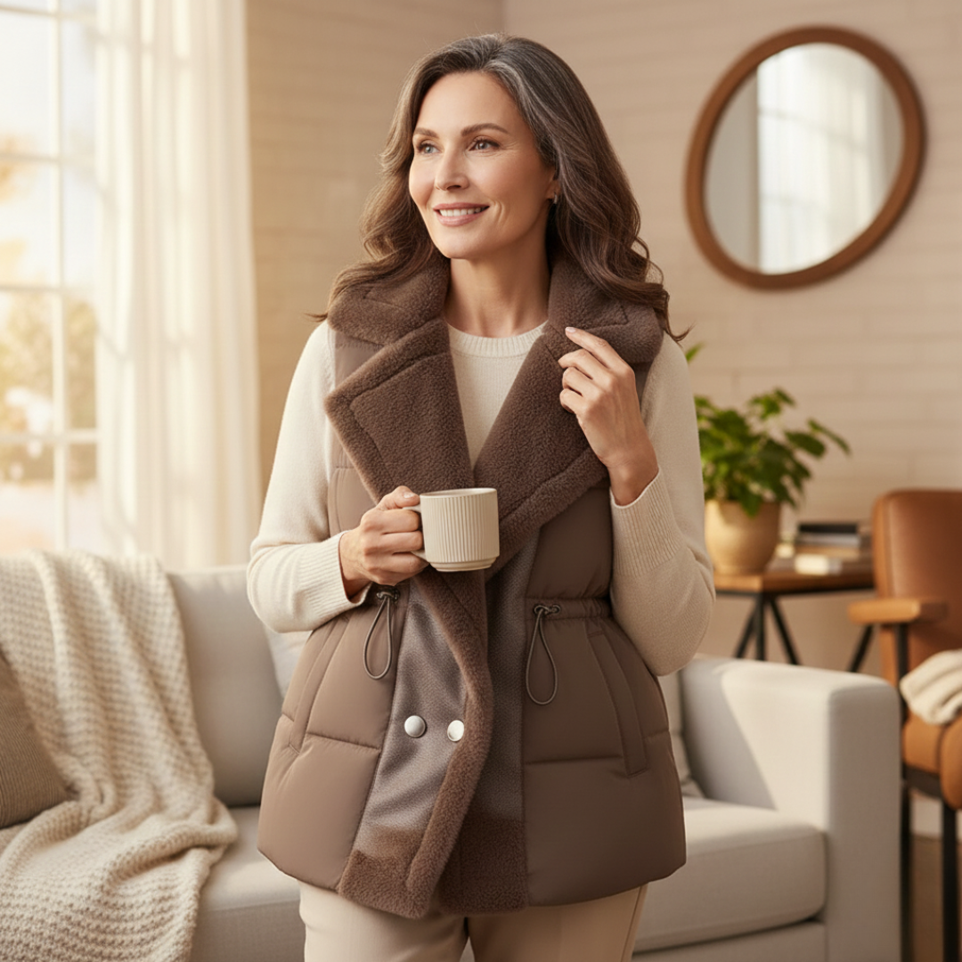 Ava Quilted Collared Puffer Vest | Fur Trim Drawstring Puffer Vest