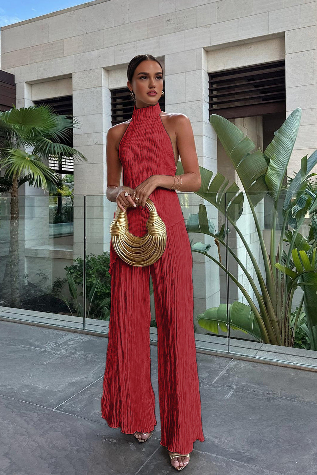 Renata | Asymetryczny Top na Halter z Szerokimi Spodniami