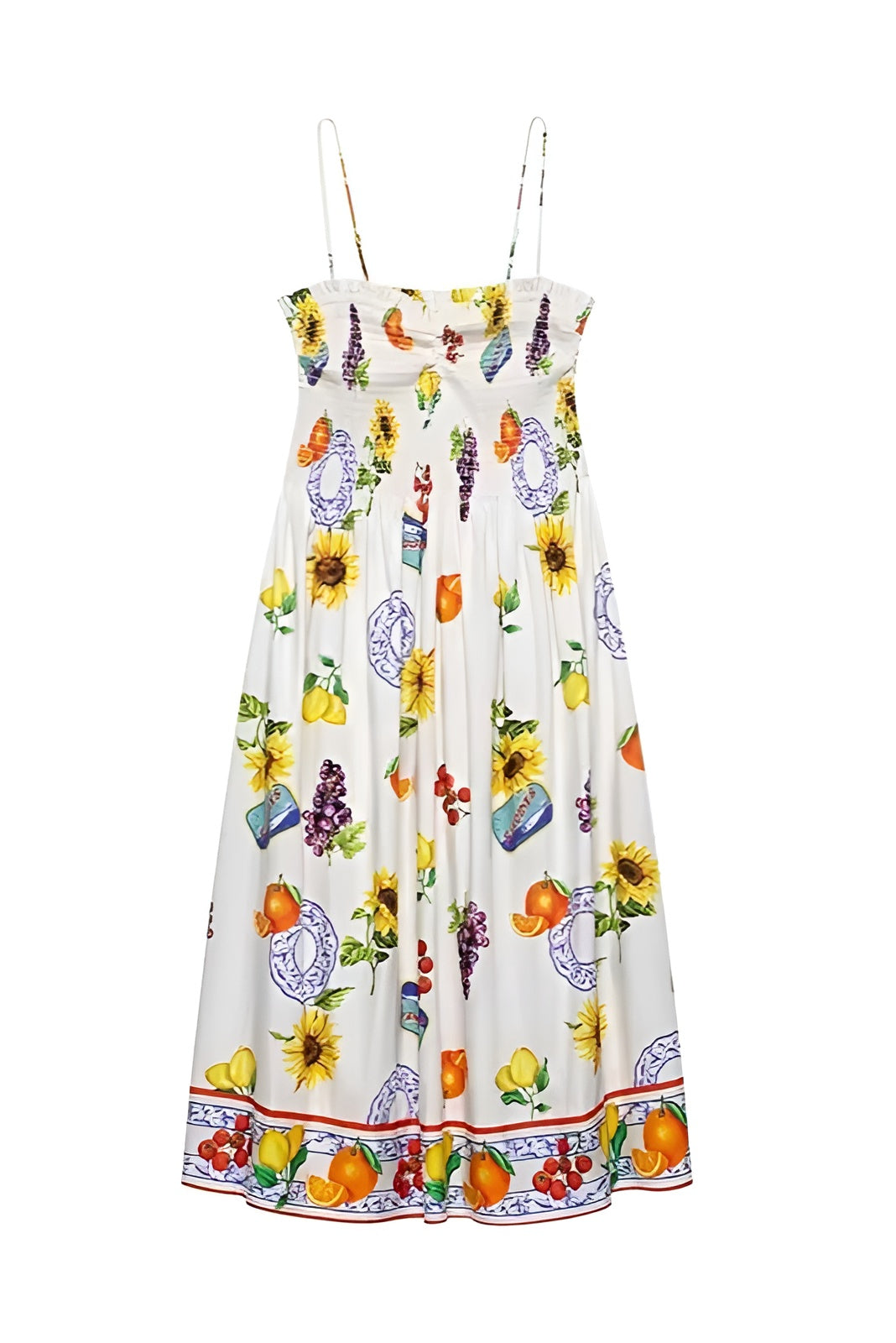 Zinnia | Letnia Sukienka Midi z Plecionym Ramiączkiem w Owocowy Wzór