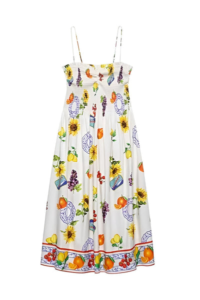 Zinnia | Letnia Sukienka Midi z Plecionym Ramiączkiem w Owocowy Wzór