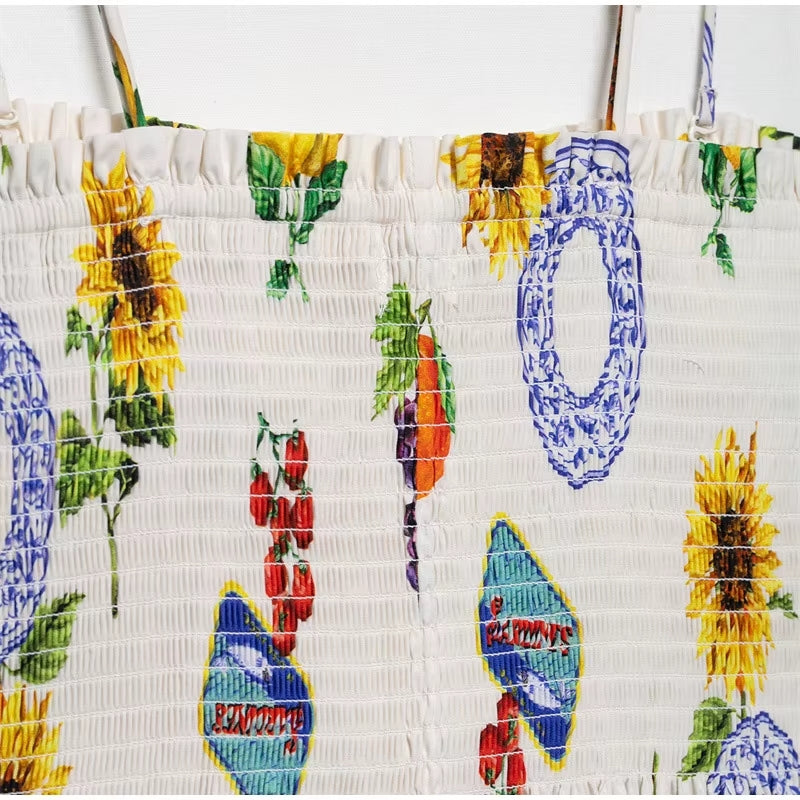 Zinnia | Letnia Sukienka Midi z Plecionym Ramiączkiem w Owocowy Wzór