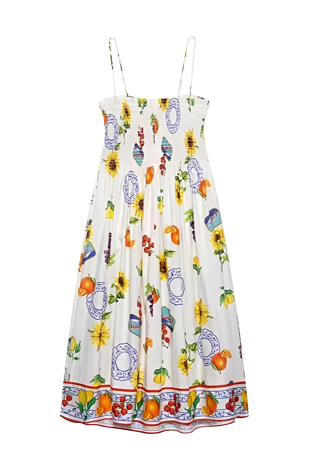 Zinnia | Letnia Sukienka Midi z Plecionym Ramiączkiem w Owocowy Wzór