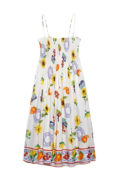 Zinnia | Letnia Sukienka Midi z Plecionym Ramiączkiem w Owocowy Wzór