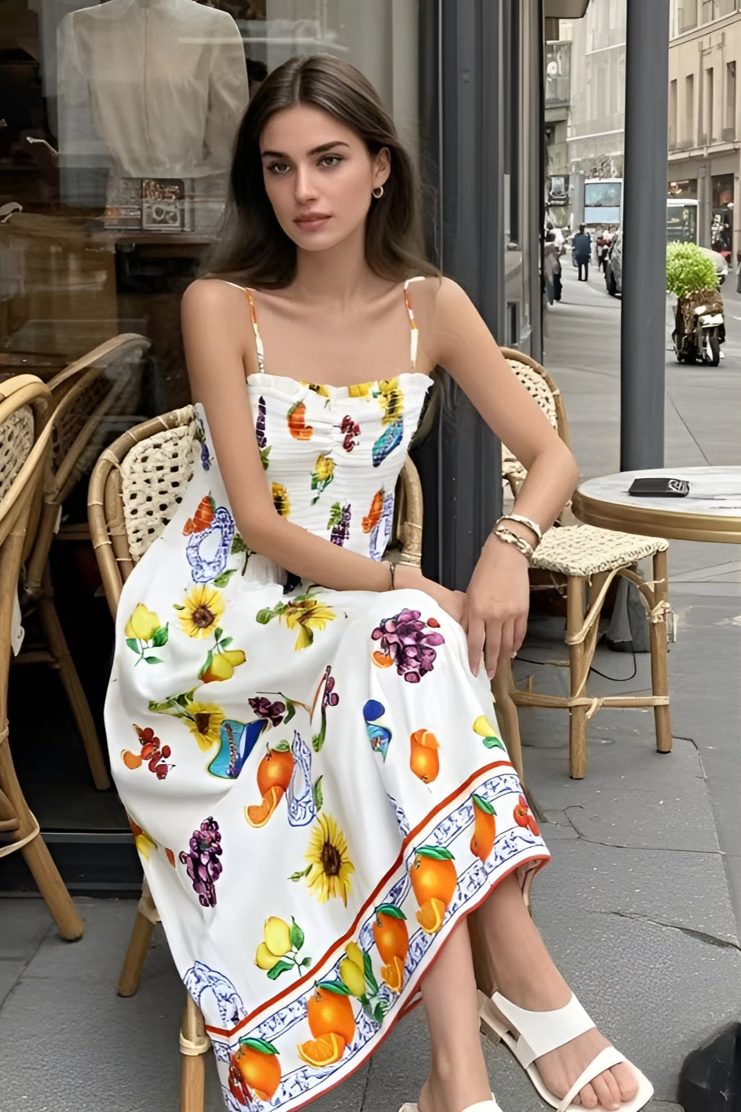 Zinnia | Letnia Sukienka Midi z Plecionym Ramiączkiem w Owocowy Wzór