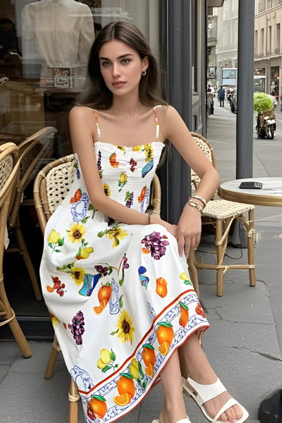 Zinnia | Letnia Sukienka Midi z Plecionym Ramiączkiem w Owocowy Wzór