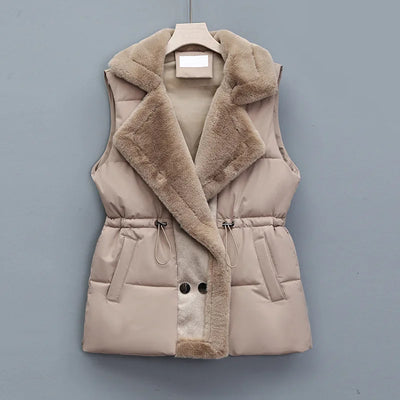 Ava Quilted Collared Puffer Vest | Fur Trim Drawstring Puffer Vest