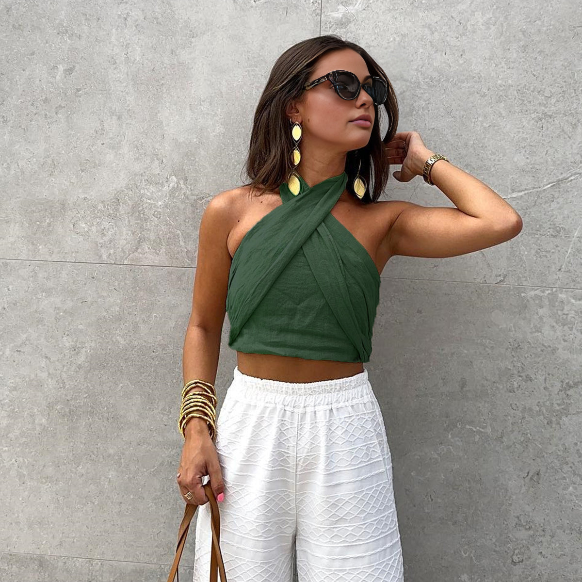 Sofia | Bawełniany i lniany top na ramiączkach w krzyż