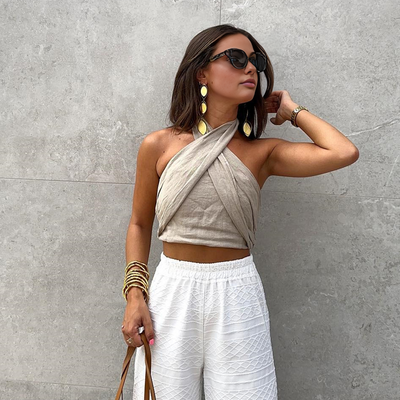 Sofia | Bawełniany i lniany top na ramiączkach w krzyż