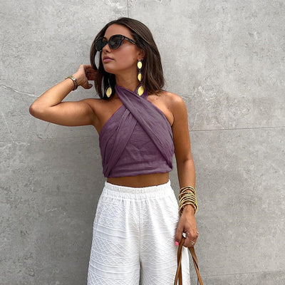 Sofia | Bawełniany i lniany top na ramiączkach w krzyż