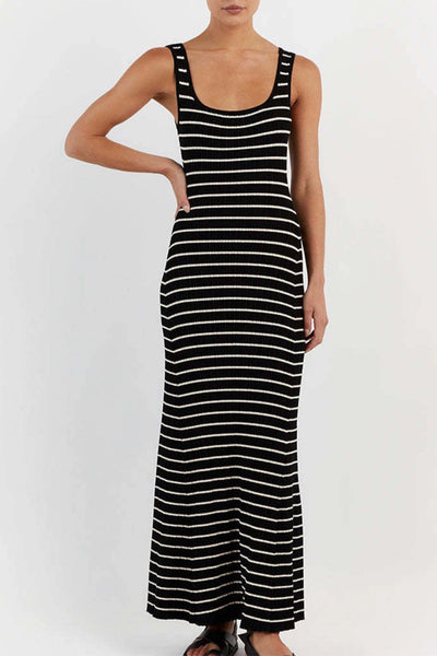 Triana | Strój Maxi z Dzianiny w Stylu Starego Pieniądza w Paski