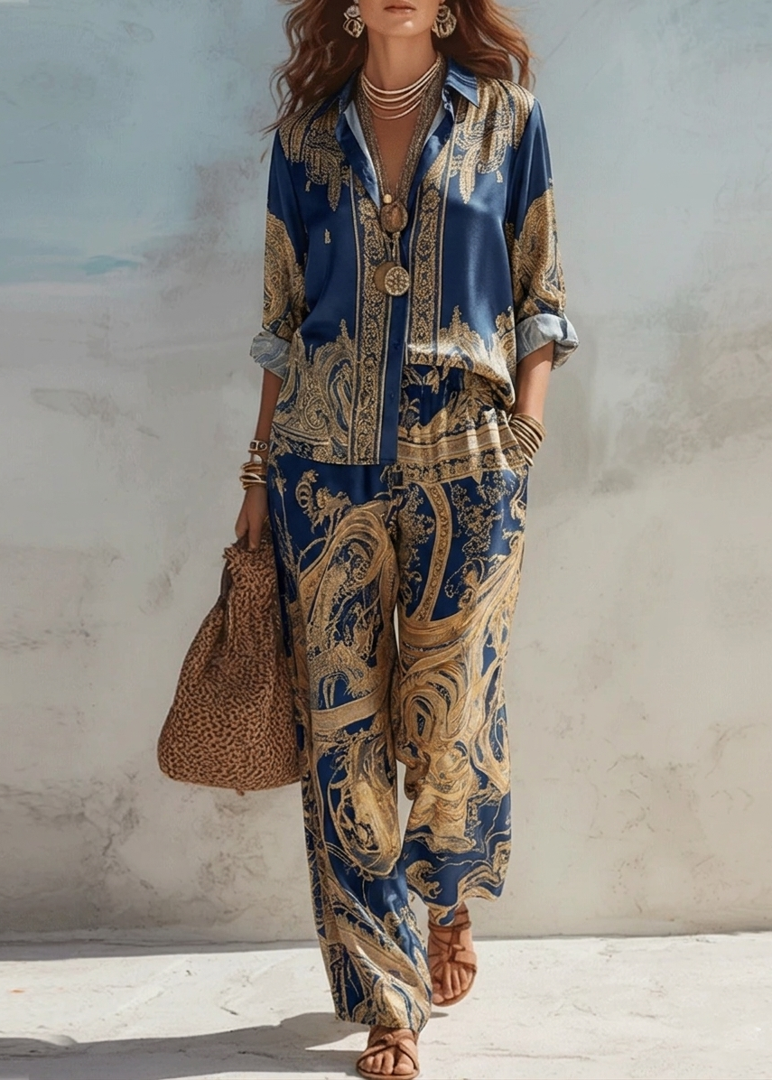 Jyllia - Two-Piece Satin Set with Golden Baroque Print