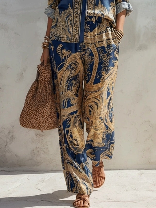 Jyllia - Two-Piece Satin Set with Golden Baroque Print
