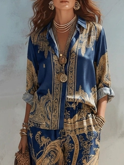 Jyllia - Two-Piece Satin Set with Golden Baroque Print