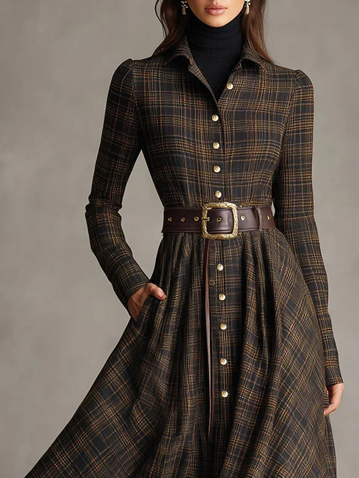 Clara | Brown Plaid Shirt Long Dress