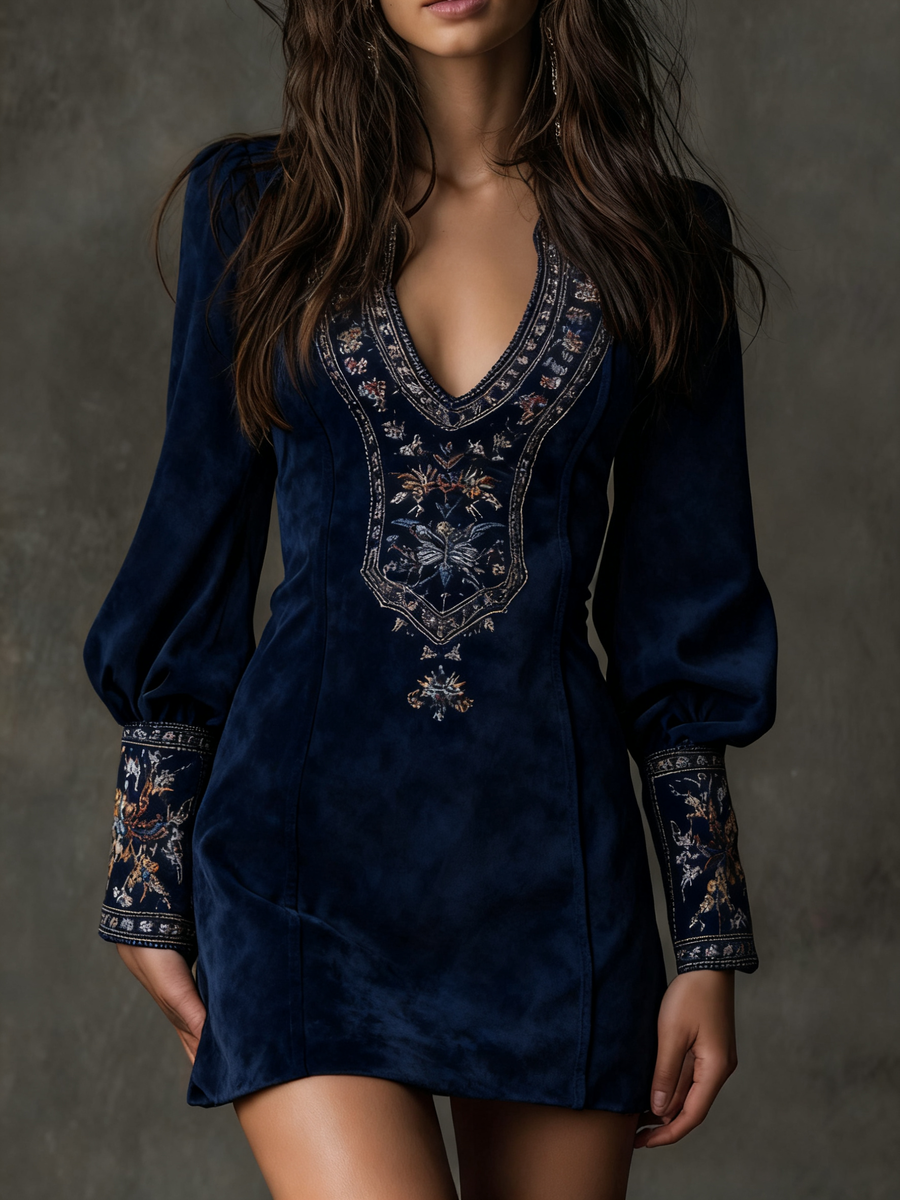 Lunori™ | Embroidered Suede Mini Dress in Purple