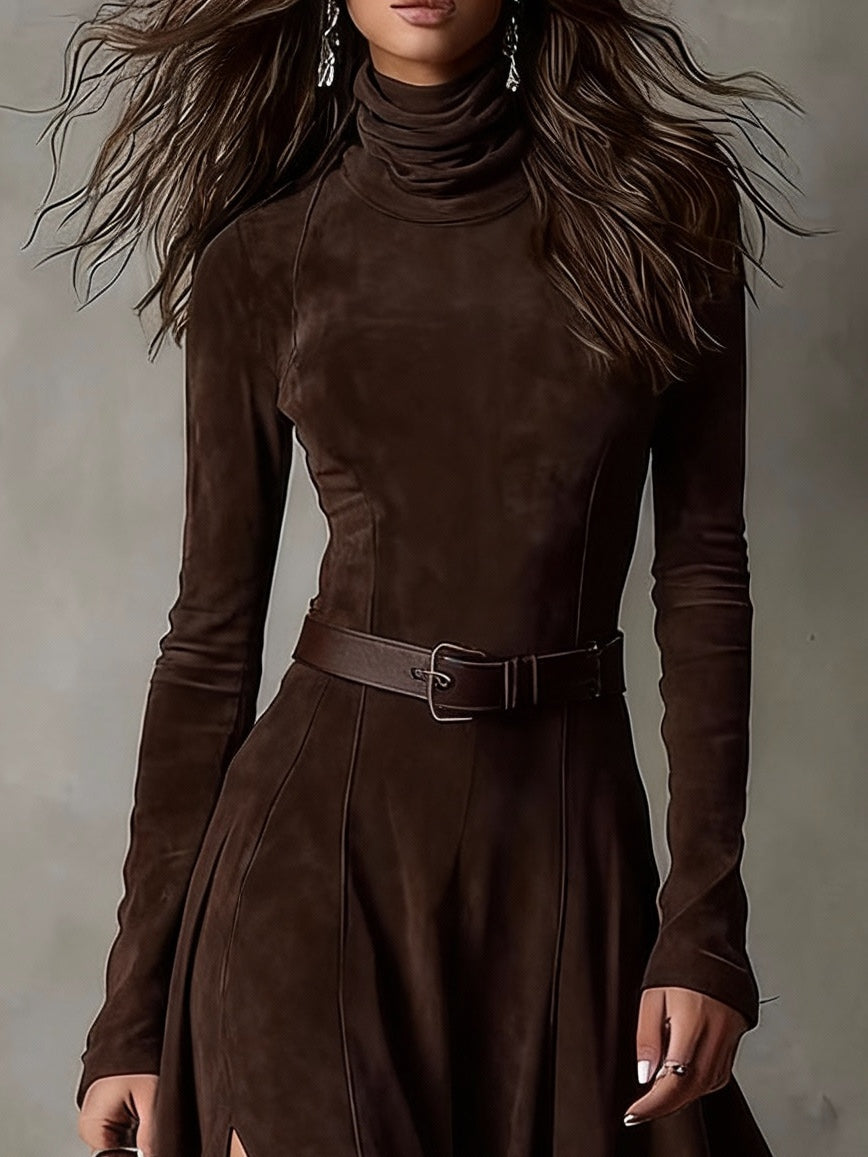 Mia | Suede Turtleneck Long Sleeve Maxi Dress