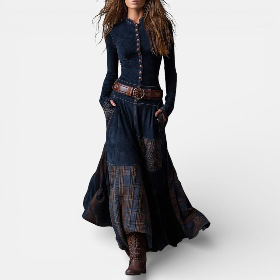 Leonora | Vintage Long Dress in Navy Blue Suede Check (Includes Belt)