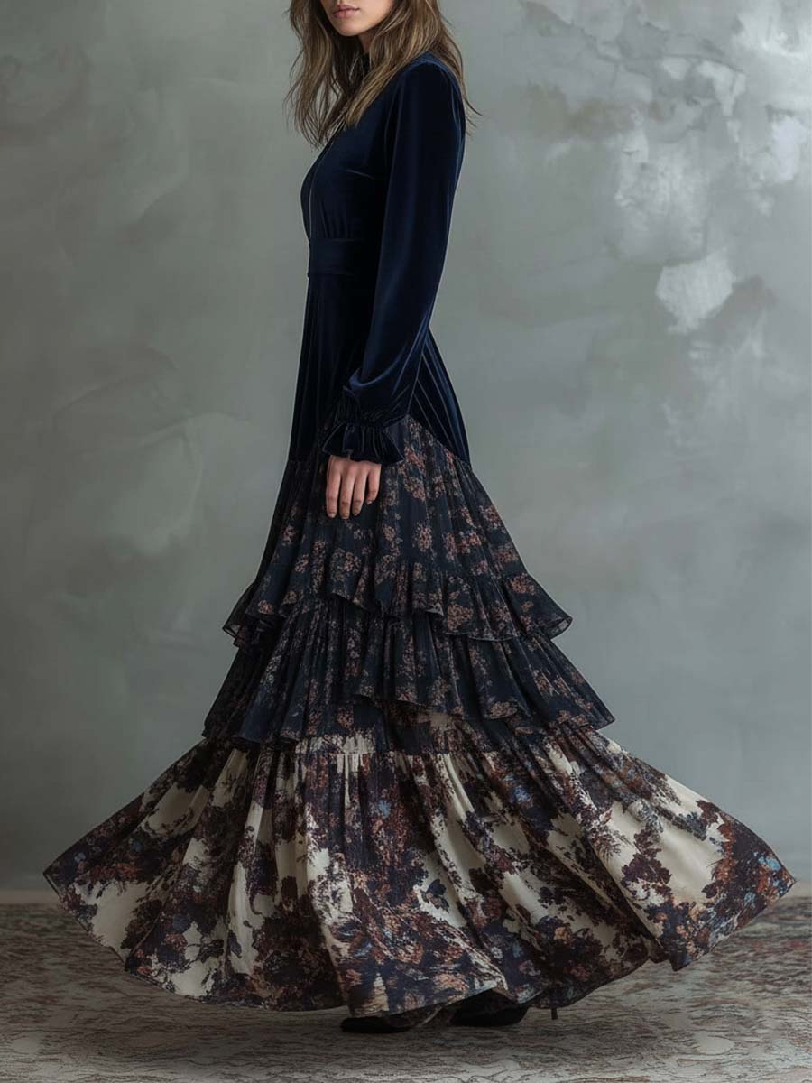 Molly | Velvet and Chiffon Floral Print Maxi Dress