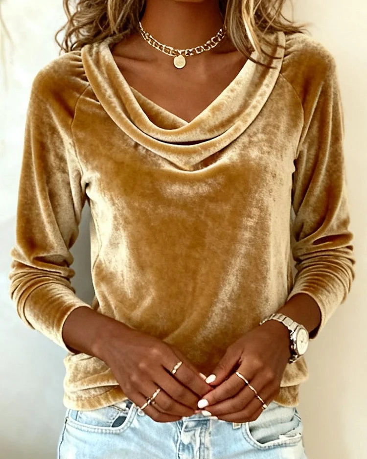 Long Sleeve Velvet Blouse Solid Color