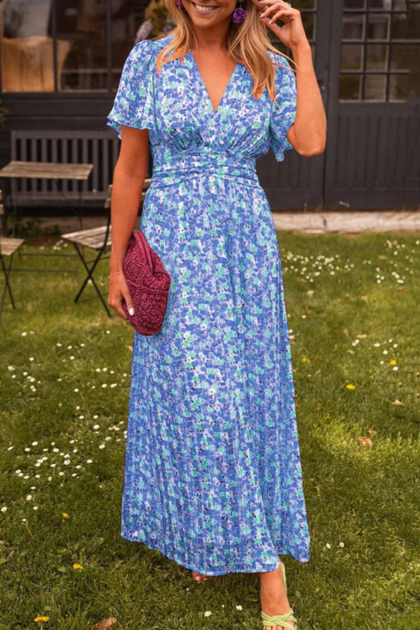 Alira | Sukienka maxi z kwiatowym nadrukiem, dekolt w serek, krótki rękaw