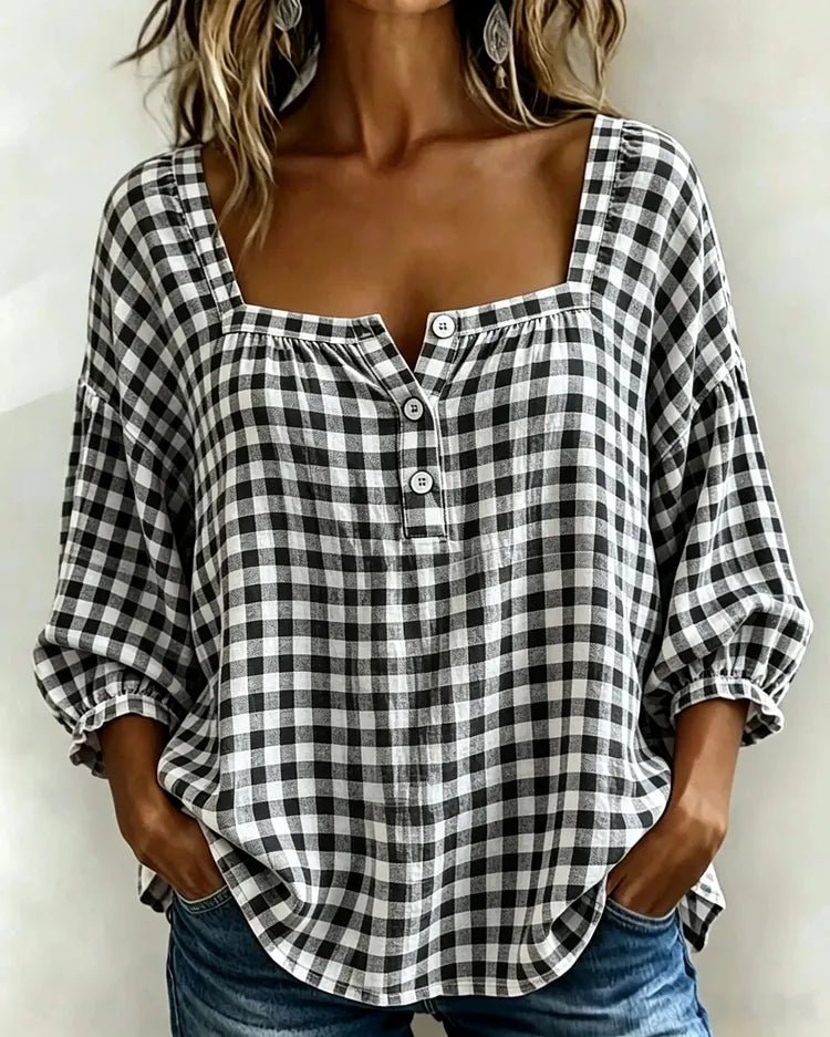 Lidia | top with square neckline and checkered pattern and short sleeves