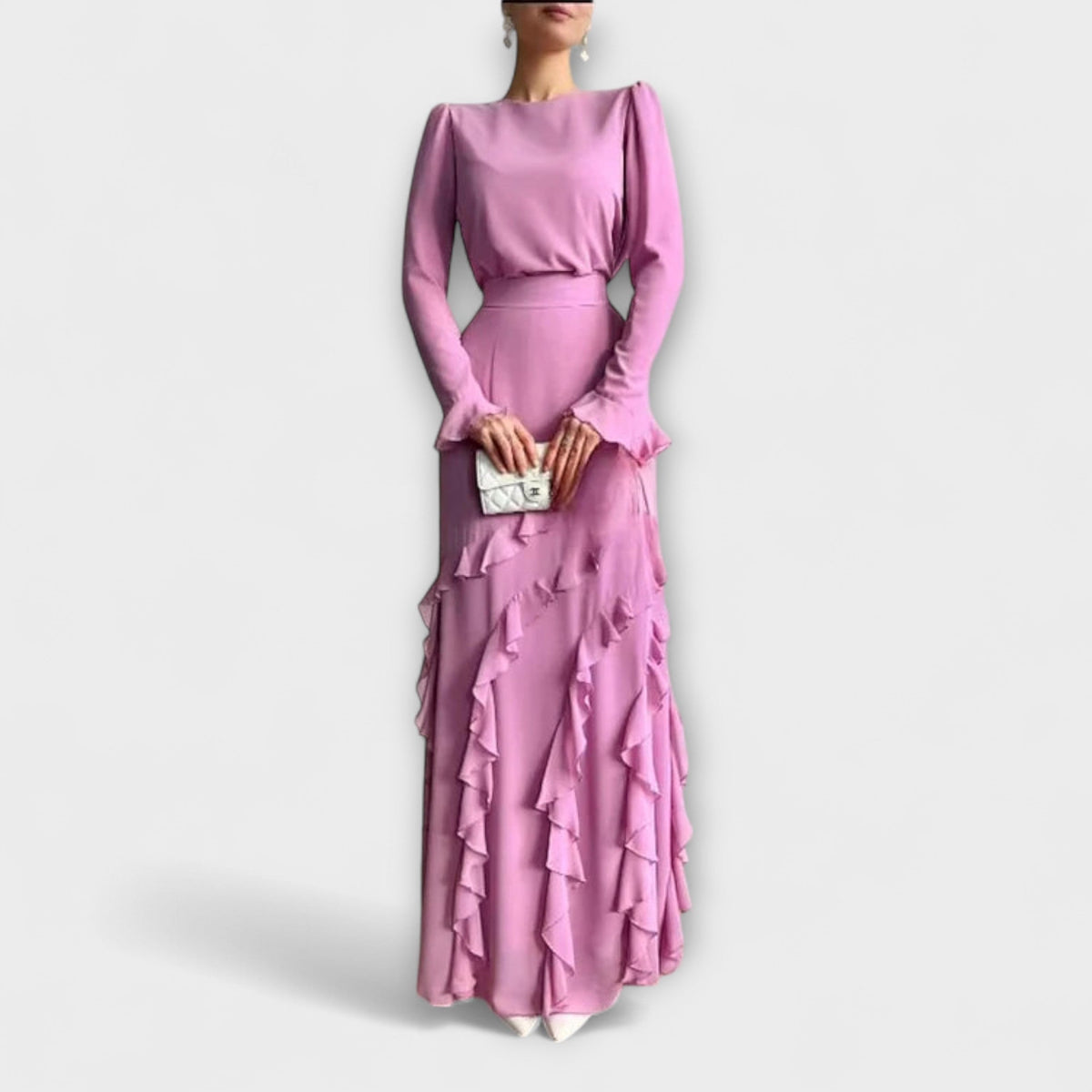 Fallon - Slim Fit Long Dress with Three-Dimensional Ruffles