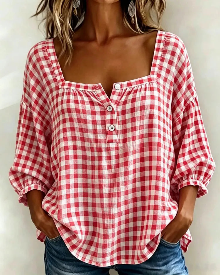 Lidia | top with square neckline and checkered pattern and short sleeves