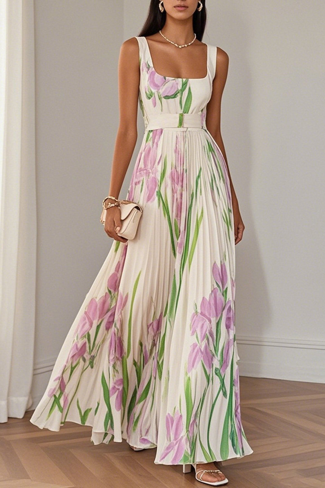 Zira | Biała plisowana sukienka maxi w kwiaty z szyfonu