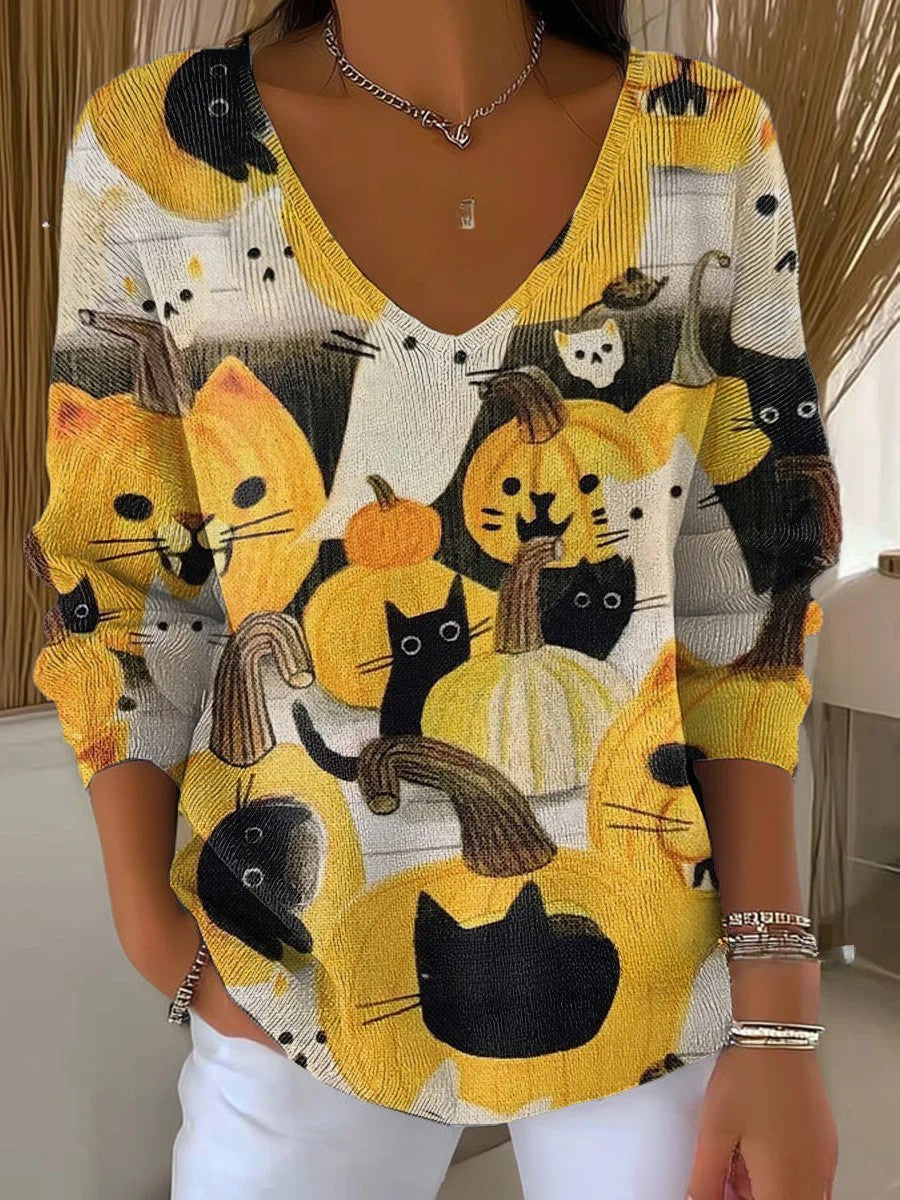 Rhoswen | Kolorowy Sweter z Dekoltem w Serek