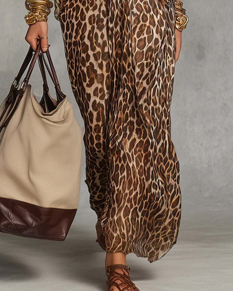 Ayrana - Long Leopard Print Dress with Twisted Neckline