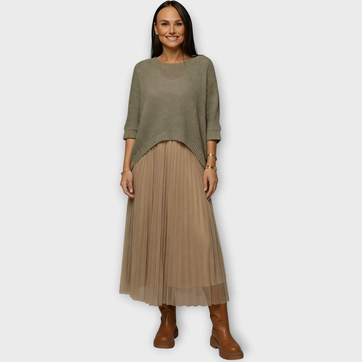 Knit Top and Pleated Midi Skirt Set