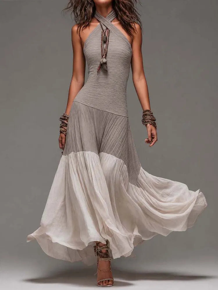 Vintage Boho Crinkle Cotton Halter Cross-Neck Maxi Dress