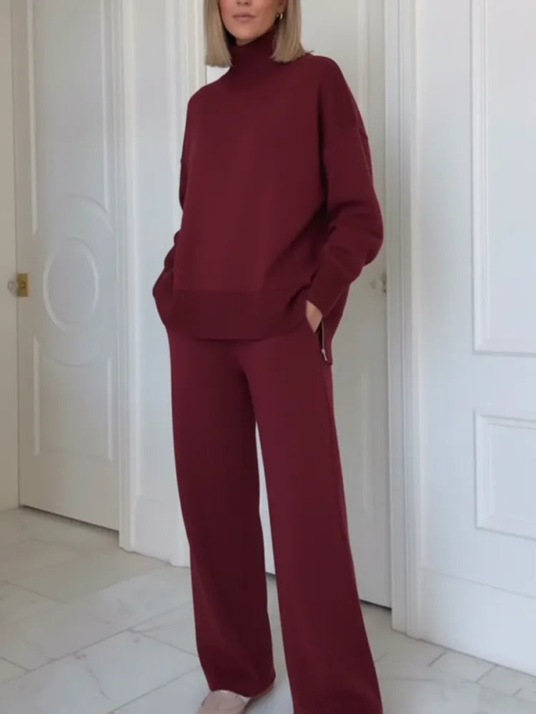 Two-Piece Set with High Neck and Zipper, Straight Pants