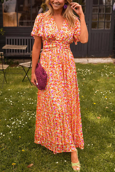 Alira | Sukienka maxi z kwiatowym nadrukiem, dekolt w serek, krótki rękaw