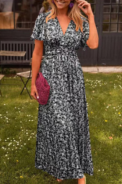 Alira | Sukienka maxi z kwiatowym nadrukiem, dekolt w serek, krótki rękaw