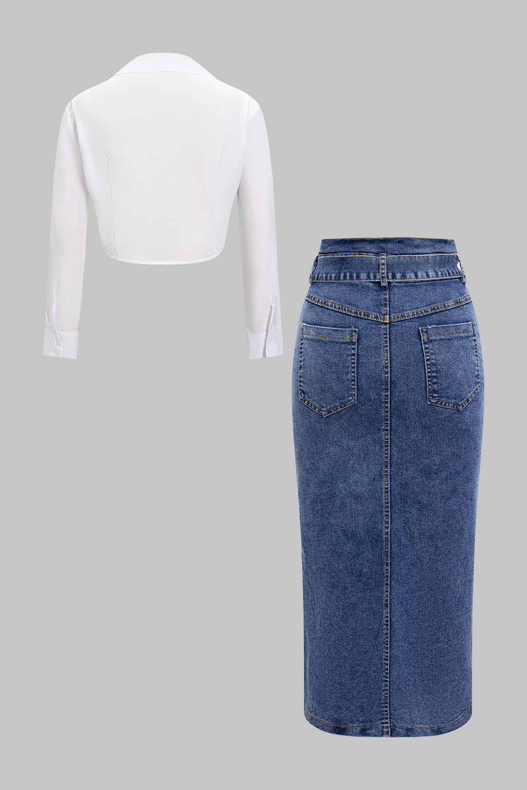 Rhea | Denim Patchwork Shirt And Belted Denim Skirt Set