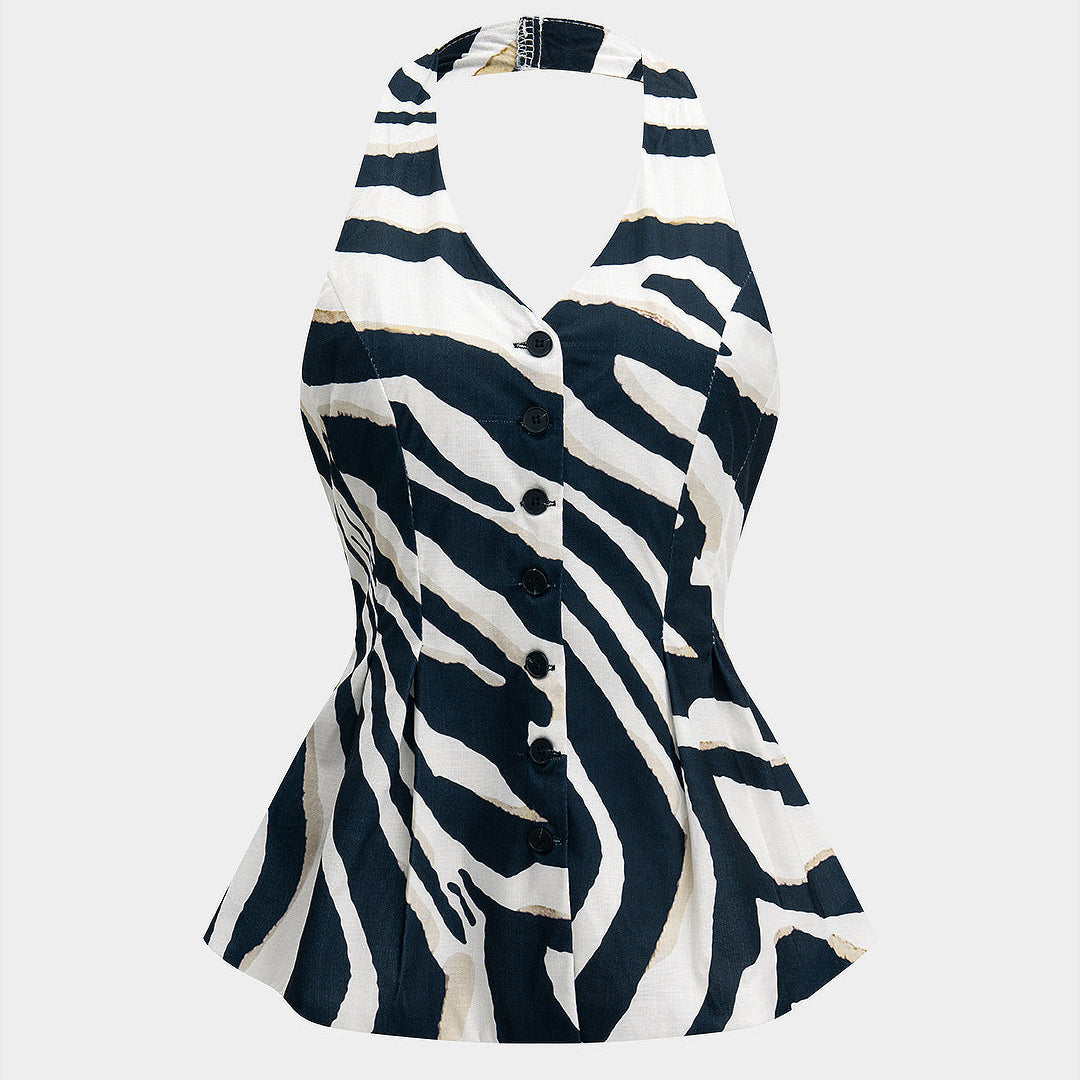 Elindra | Kontrastowy wzór w paski, bez pleców, z guzikiem, na szyję