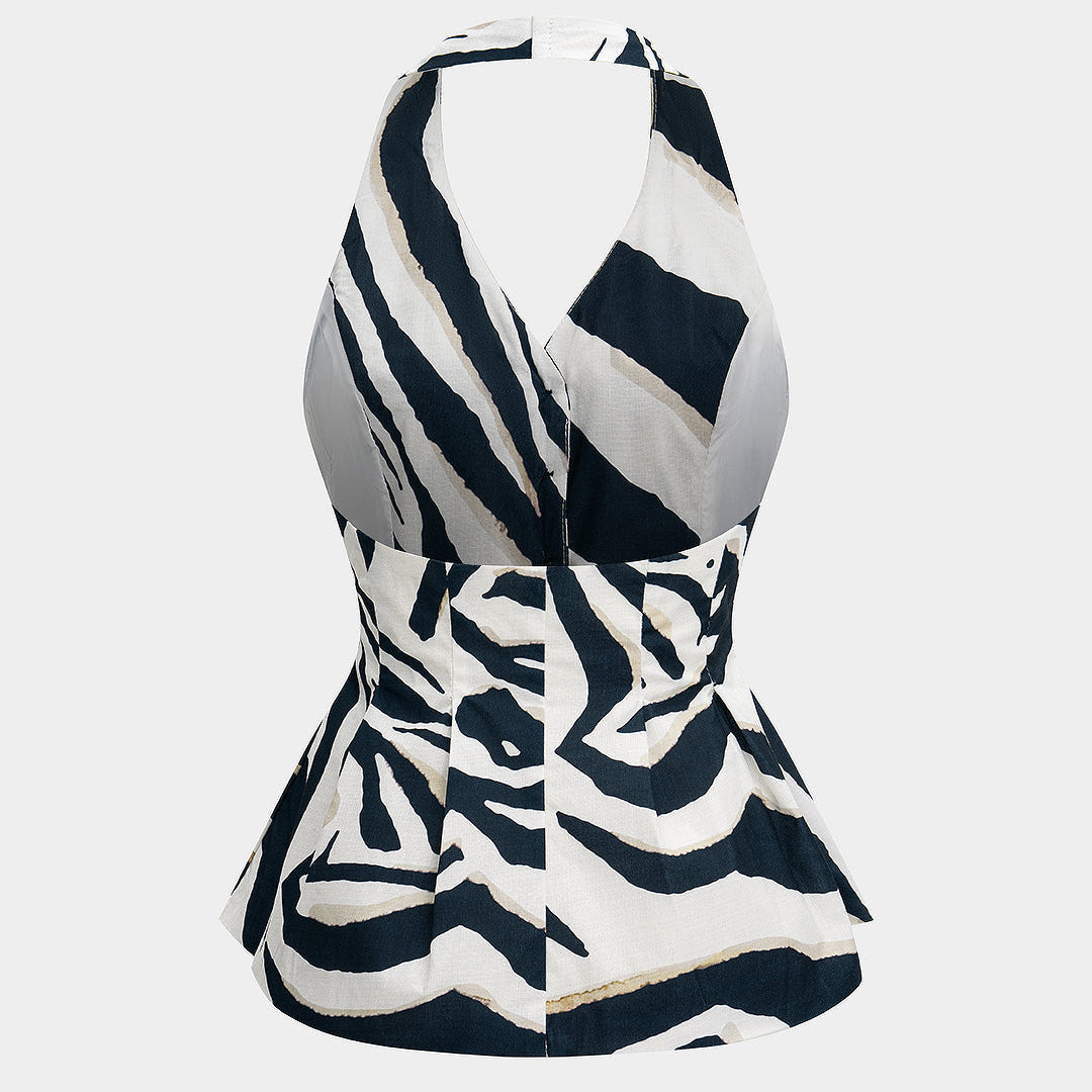 Elindra | Kontrastowy wzór w paski, bez pleców, z guzikiem, na szyję