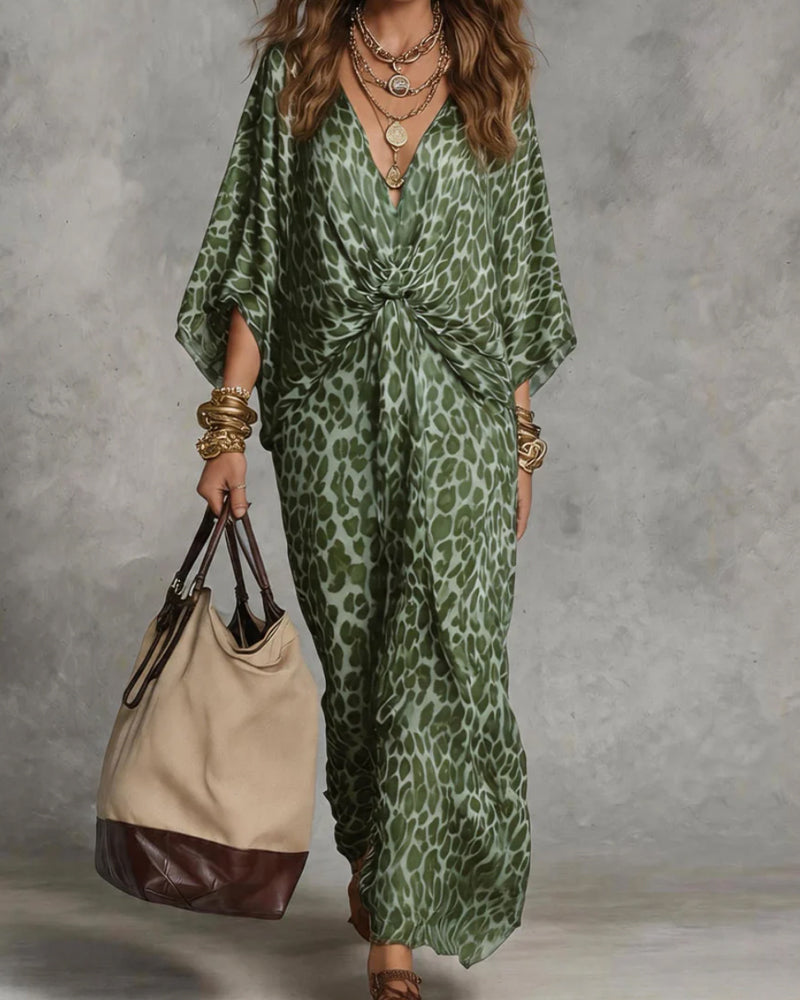 Ayrana - Long Leopard Print Dress with Twisted Neckline