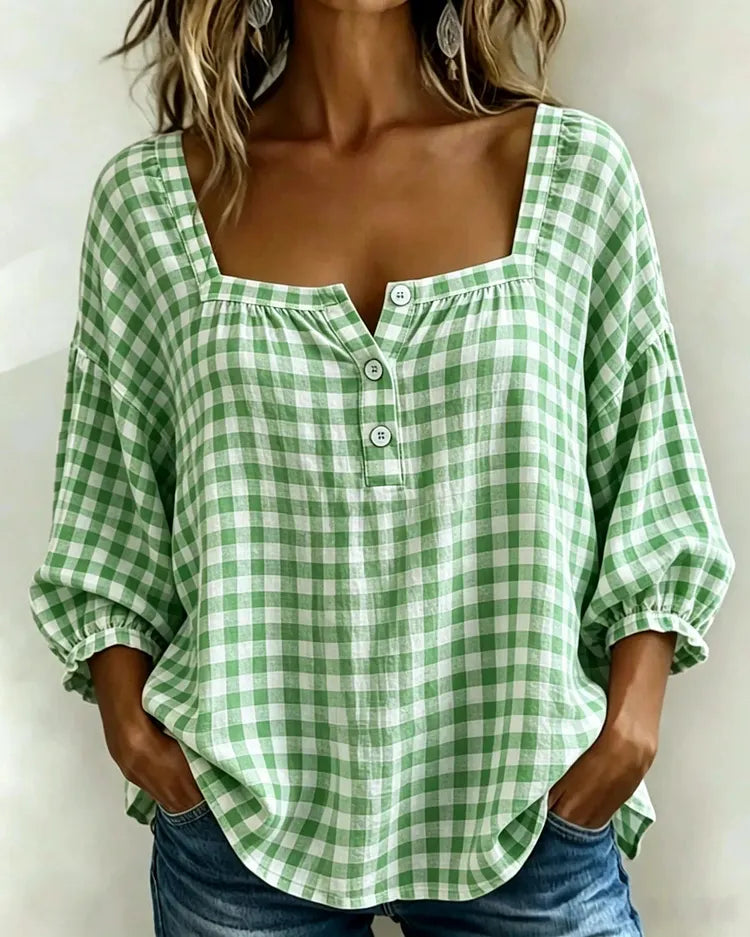 Lidia | top with square neckline and checkered pattern and short sleeves