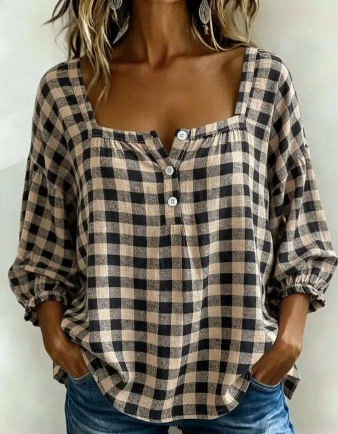Lidia | top with square neckline and checkered pattern and short sleeves
