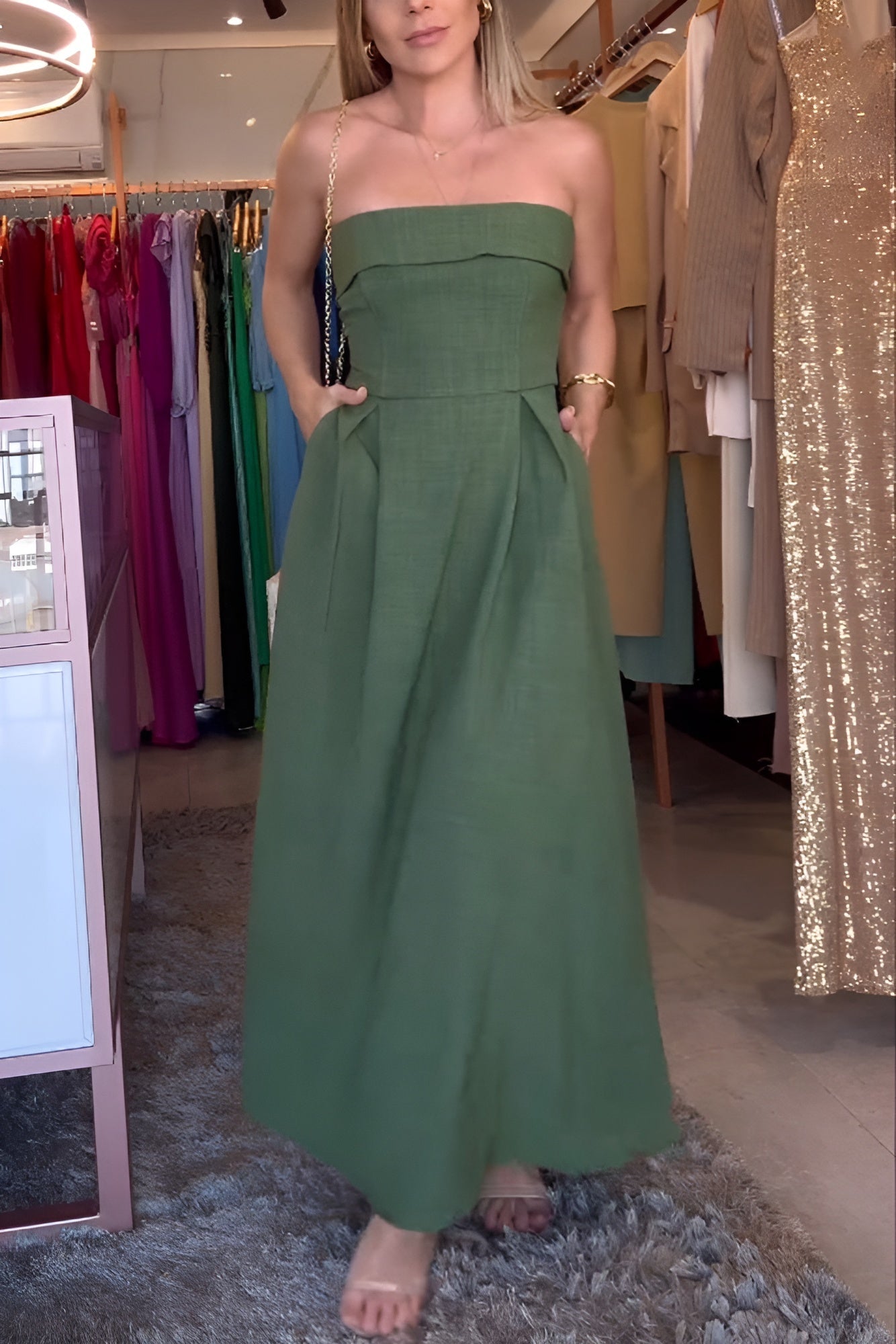 Fenna | Elegancka Sukienka Midi Bez Ramiączek